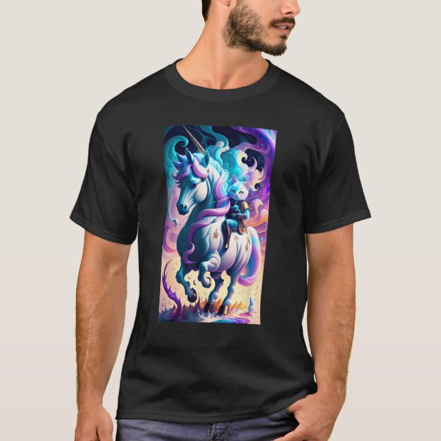 Cute Cat and Unicorn Whimsical Warrior Fluffy Kitt T-Shirt (Front)