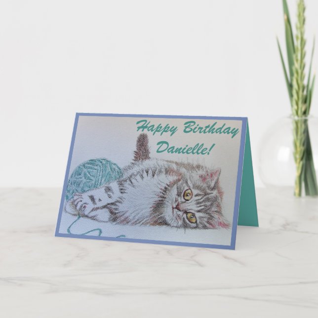 Cute Cat Art Greetings Birthday Card Womans Name (Front)