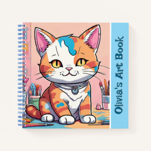 Cute Cat Art Sketchbook Pink Blue Spiral Notebook