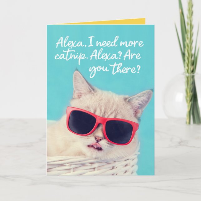 Cute Cat Asking Alexa For Catnip Birthday Card (Front)