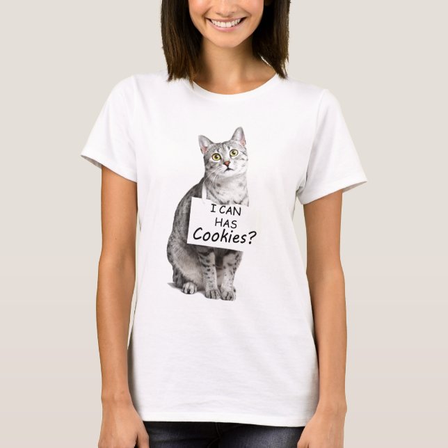 Cute Cat asks I can Has Cookies? T-Shirt (Front)