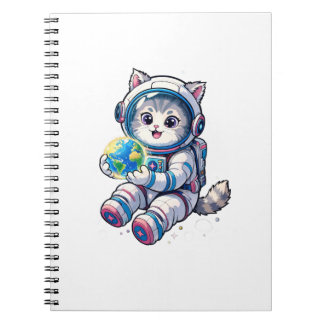 Cute Cat Astronaut Holding Earth Cartoon Space Art Notebook