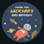 Cute Cat Astronaut Outer Space Kids Birthday Party Classic Round Sticker<br><div class="desc">Cute party favours for kids,  boys or girls who love outer space,  astronomy,  planets,  rocket and outer space. Perfect for kids birthday party,  party favours and thank you label. You can also customise the text for baby shower or other occasion and party.</div>