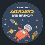 Cute Cat Astronaut Outer Space Kids Birthday Party Classic Round Sticker<br><div class="desc">Cute party favours for kids,  boys or girls who love outer space,  astronomy,  planets,  rocket and outer space. Perfect for kids birthday party,  party favours and thank you label. You can also customise the text for baby shower or other occasion and party.</div>