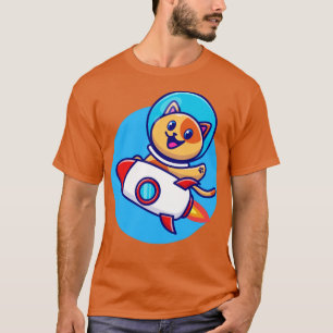 Cute Cat Astronaut Riding Rocket Cartoon T-Shirt