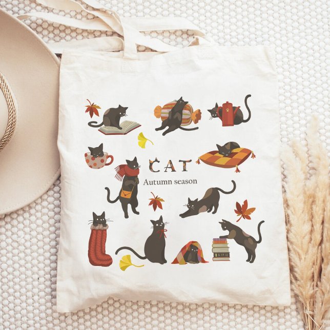 Cute Cat Autumn Season Hello Fall Tote Bag (Creator Uploaded)