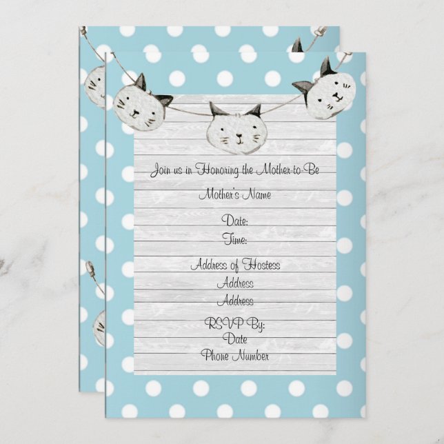 Cute Cat Baby Boy Blue Polka Dot Rustic Shower Invitation (Front/Back)