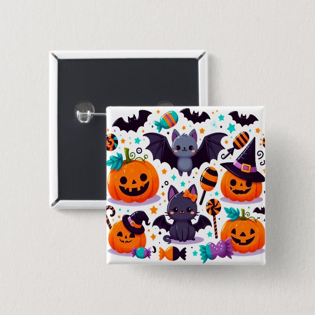 Cute cat bat halloween party 15 cm square badge (Front & Back)