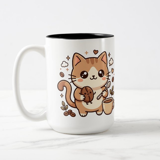 Cute Cat Bean & Spoon Two-Tone Coffee Mug (Left)