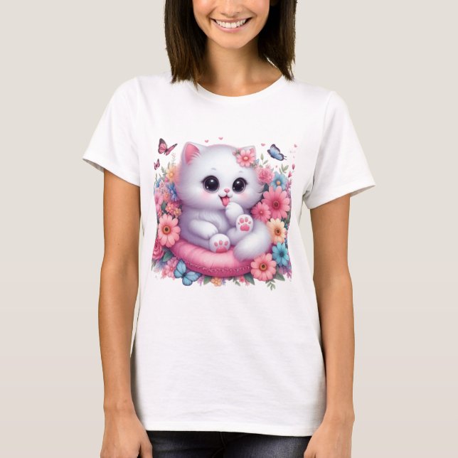 Cute Cat, Beautiful flower T-Shirt (Front)