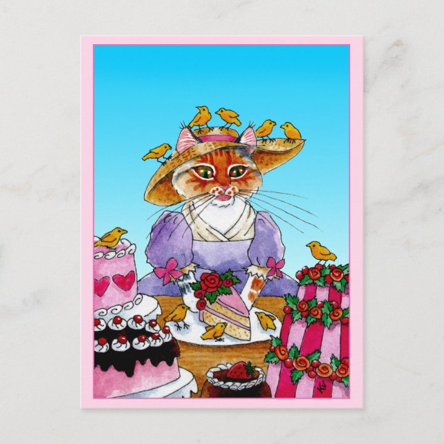 Cute cat, bird, birthday cake postcard (Front)