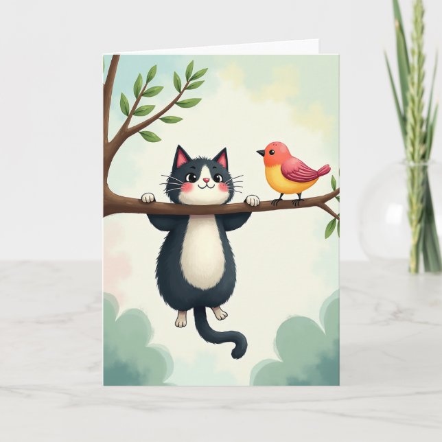 Cute Cat Bird Birthday Card (Front)