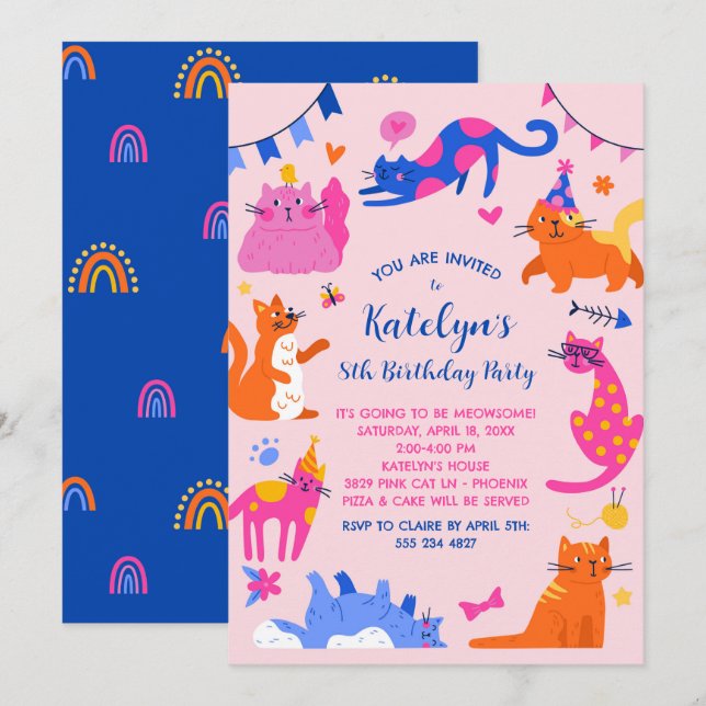 Cute Cat Birthday Party Invitation (Front/Back)