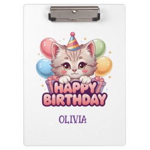 Cute Cat Birthday Personalised Girl's Clipboard