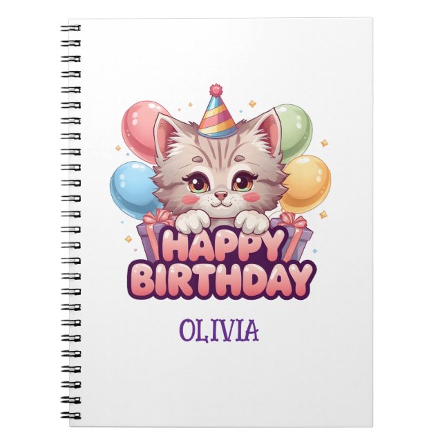Cute Cat Birthday Personalised Girl's Notebook (Front)