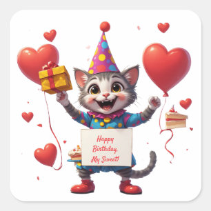 Cute Cat Birthday With Gift And Sign 🐱 Square Sticker