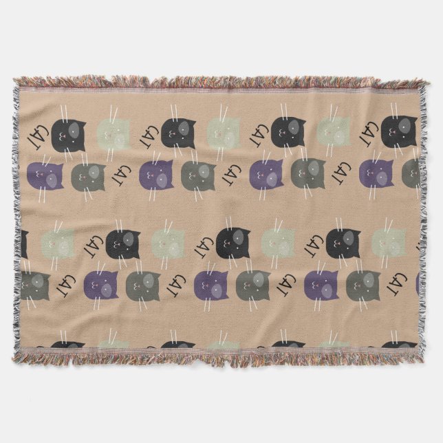 Cute Cat Black Purple Grey Black Throw Blanket (Front)