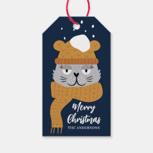 Cute Cat Blue Christmas Name Gift Tags
