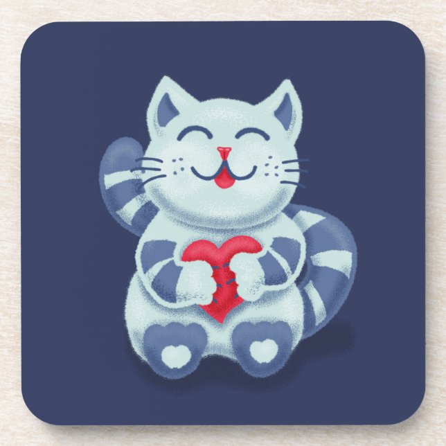 Cute Cat Blue Valentine Kids Coaster (Front)