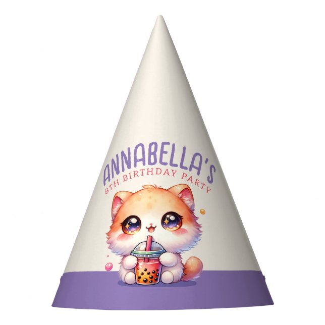 Cute Cat Boba Birthday Party Hat (Front)