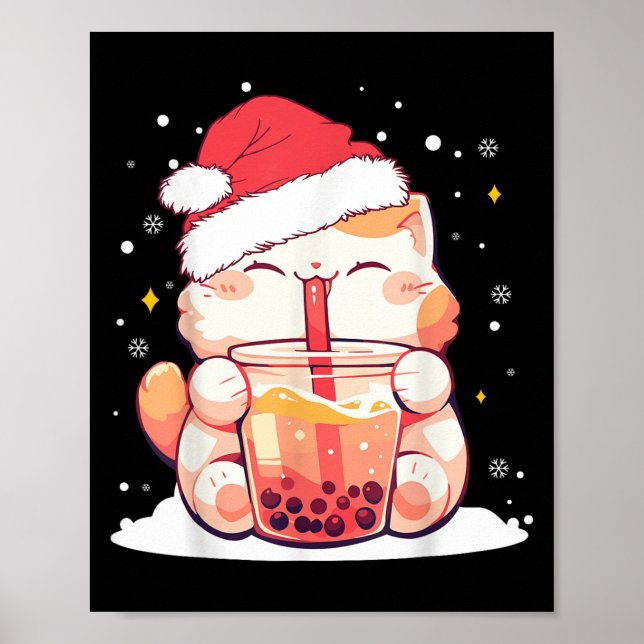 Cute Cat Boba Milk Bubble Tea Christmas Santa Hat  Poster (Front)