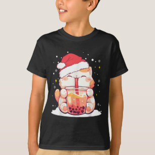 Cute Cat Boba Milk Bubble Tea Christmas Santa Hat  T-Shirt