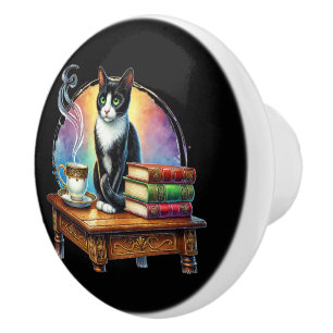 Cute cat book nook library reading lovers ceramic knob