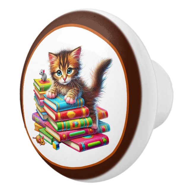 Cute cat book nook library reading lovers  ceramic knob (Right)
