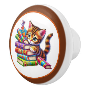 Cute cat book nook library reading lovers ceramic knob