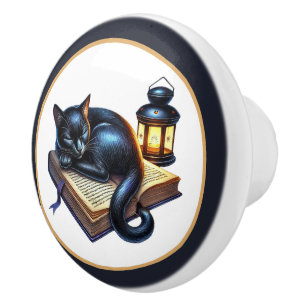 Cute cat book nook library reading lovers ceramic knob