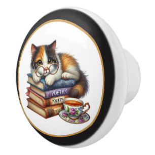 Cute cat book nook library reading lovers ceramic knob