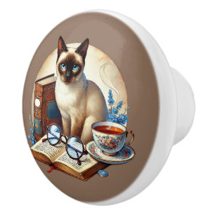 Cute cat book nook library reading lovers ceramic knob