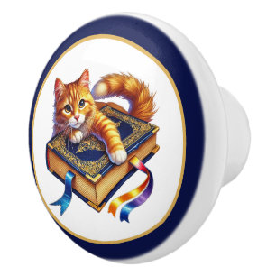 Cute cat book nook library reading lovers ceramic knob