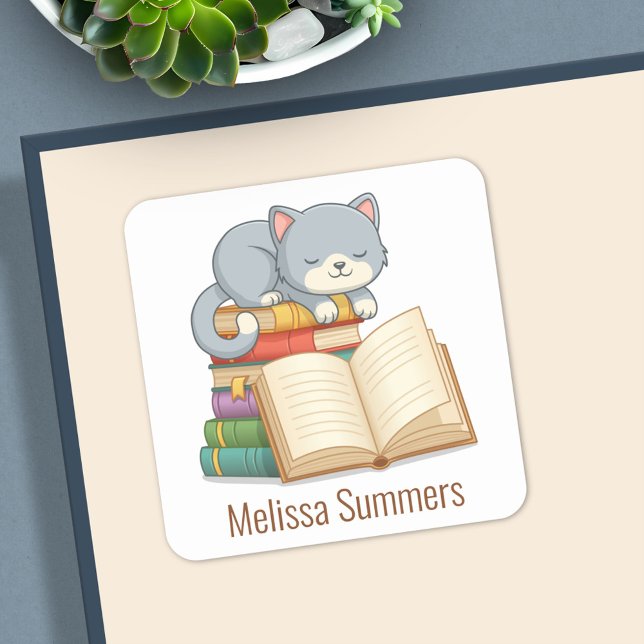 Cute Cat Book Stack Custom Name Bookplate Square Sticker (Creator Uploaded)