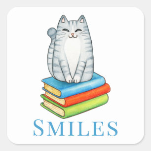 Cute Cat Bookworm Reading Book Lover Hello Love Square Sticker