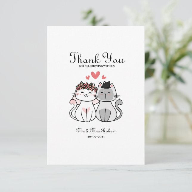 Cute Cat Bride And Groom  Thank You Card (Standing Front)