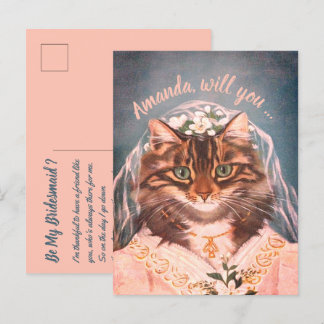 Cute cat bride be my bridesmaid/maid of honour invitation postcard