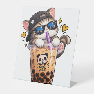 Cute Cat Bubble Tea Good Vibes Kawaii Boba Sticker Pedestal Sign