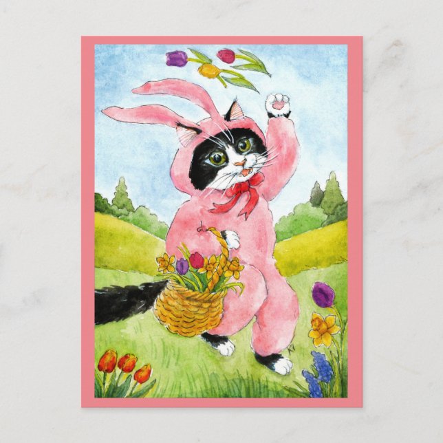 Cute cat bunny suit flowers pink Easter postcard (Front)