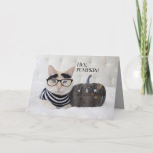 Cute Cat Bushy Eyebrows And Glasses Halloween Card