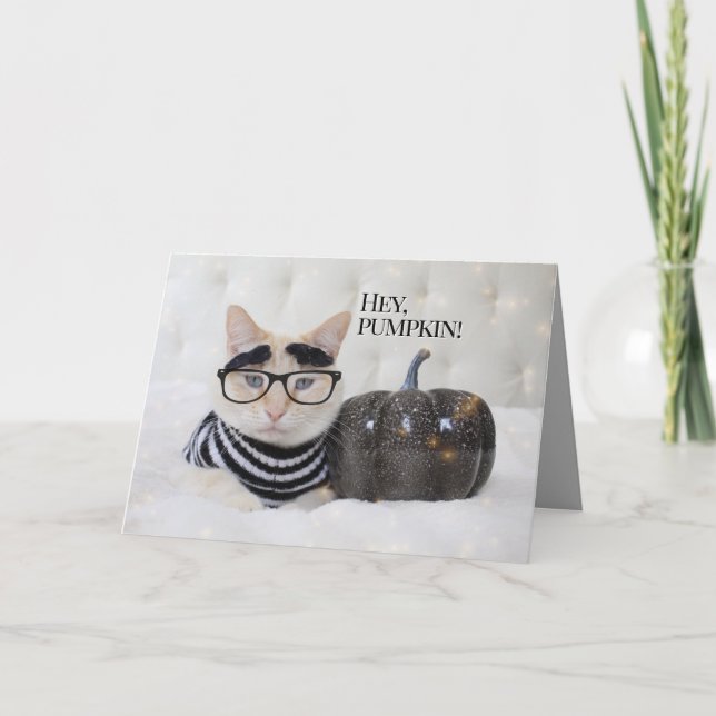 Cute Cat Bushy Eyebrows And Glasses Halloween Card (Front)