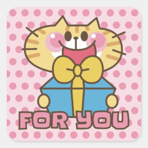 Cute Cat Cartoon Baby Pink Polka Dots Party Square Sticker