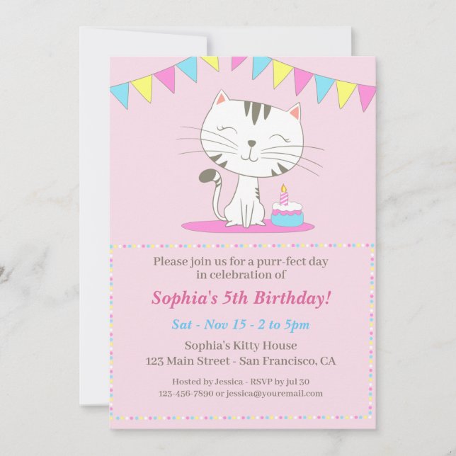 Cute Cat Cartoon Birthday Invitation (Front)