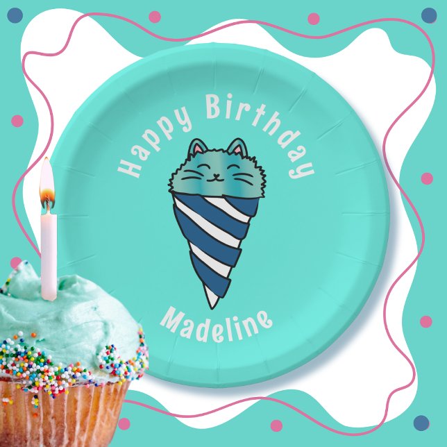 Cute Cat Cartoon Blue Ice Cream Cone Birthday Paper Plate (Creator Uploaded)