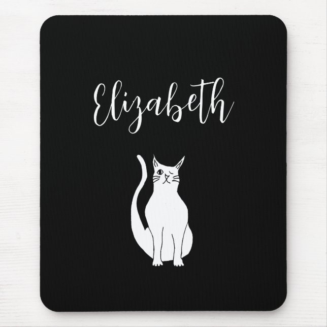 Cute Cat Cartoon Hand Drawn Winking Kitty Black Mouse Pad (Front)