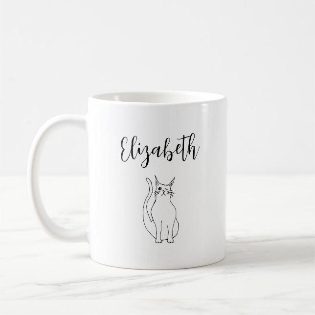 Cute Cat Cartoon Kitty Drawing Personalised Coffee Mug (Left)