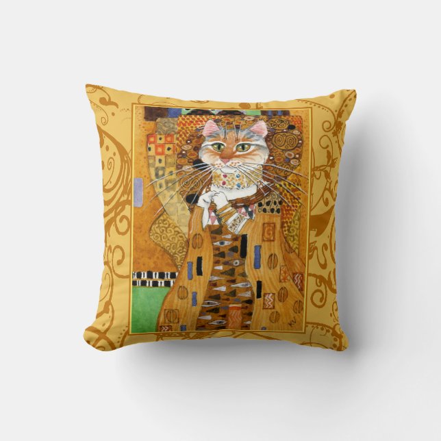 Cute cat cartoon Klimt gold pillow (Front)