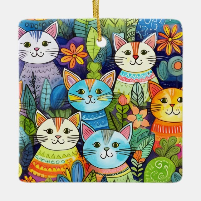 Cute Cat Cartoon Pattern Ceramic Ornament (Front)