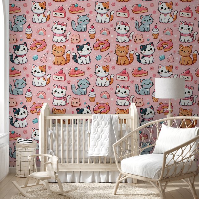 Cute cat cartoon pattern wallpaper (Kids)