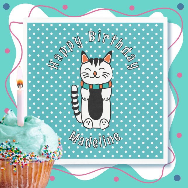 Cute Cat Cartoon Turquoise White Dot Birthday Napkin (Creator Uploaded)